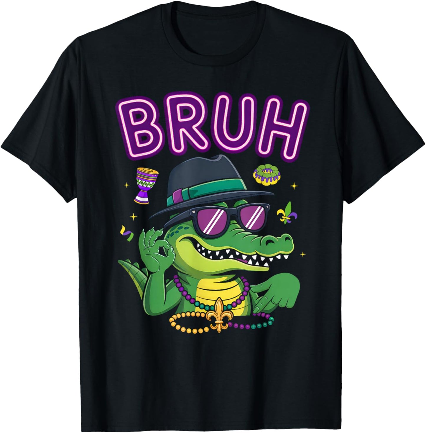 Funny Six Seven Bruh Mardigator Alligator 67 Meme Mardi Gras T-Shirt - T-Shirt | Black