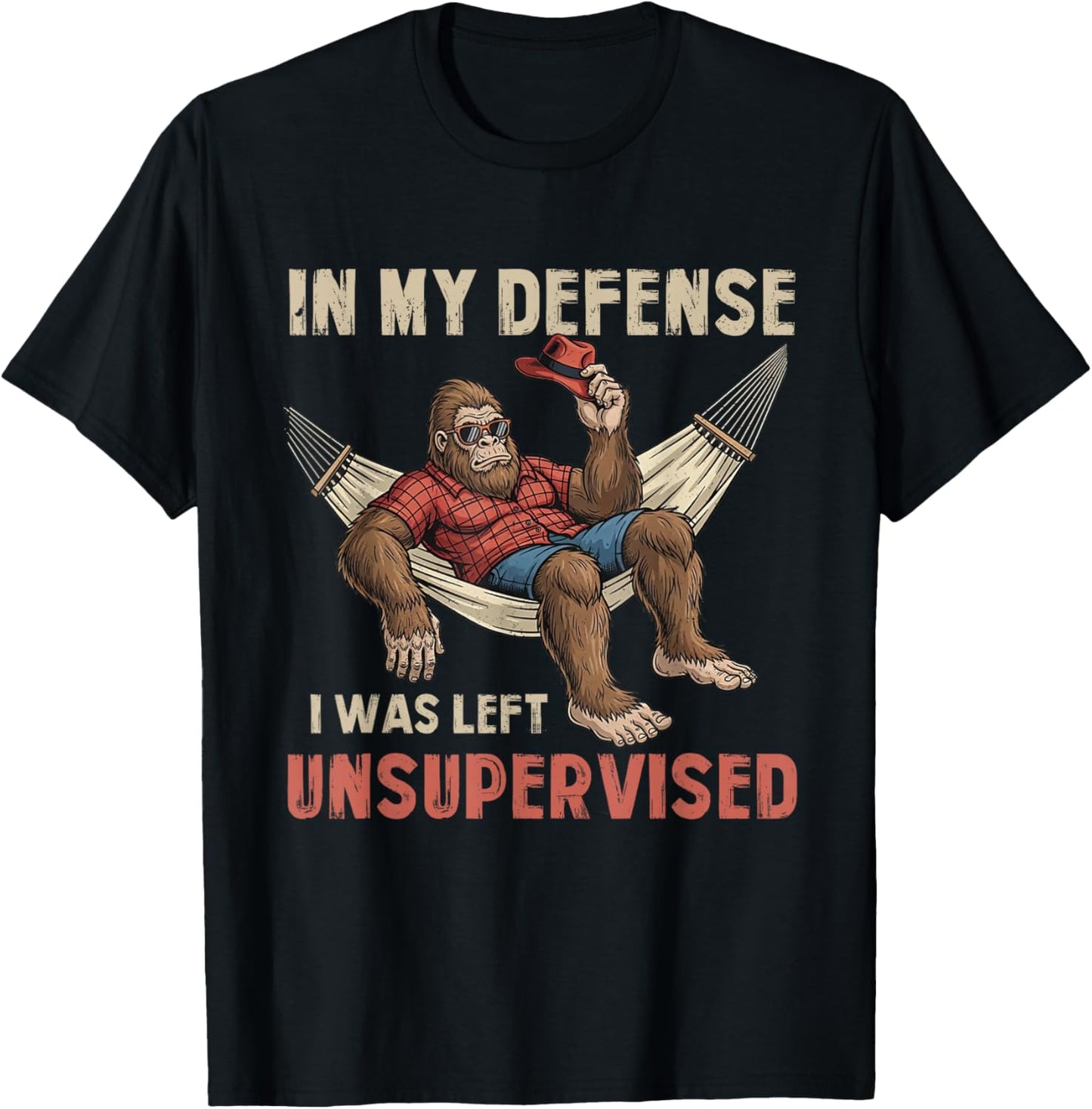 in My Defend I was Left Unsupervised Bigfoot Sasquatch Humor T-Shirt - T-Shirt | Black