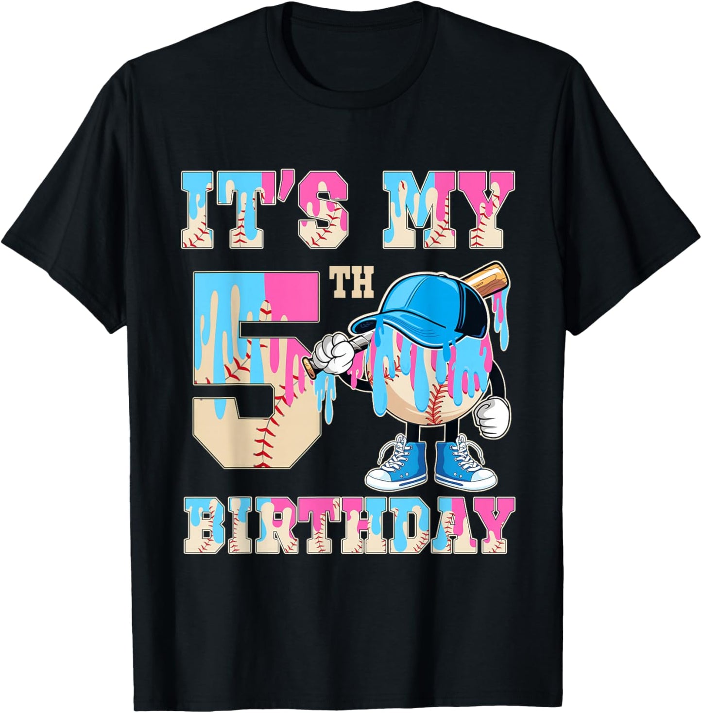 It's My 5th Birthday Baseball Ice Cream Drip Theme T-Shirt - T-Shirt | Black