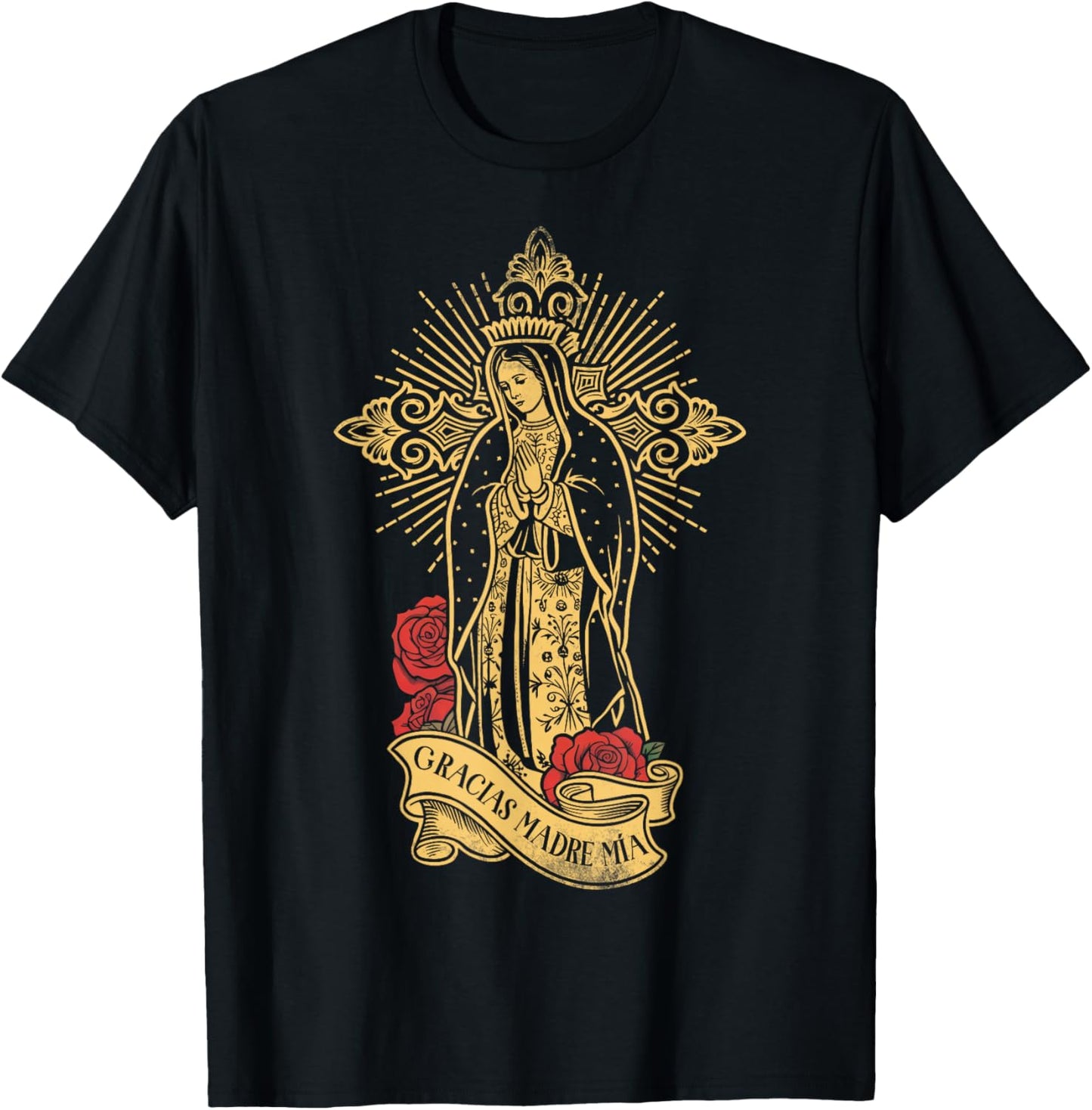 Our Lady of Guadalupe Saint Virgin Mary Rose Floral Catholic T-Shirt - T-Shirt | Black