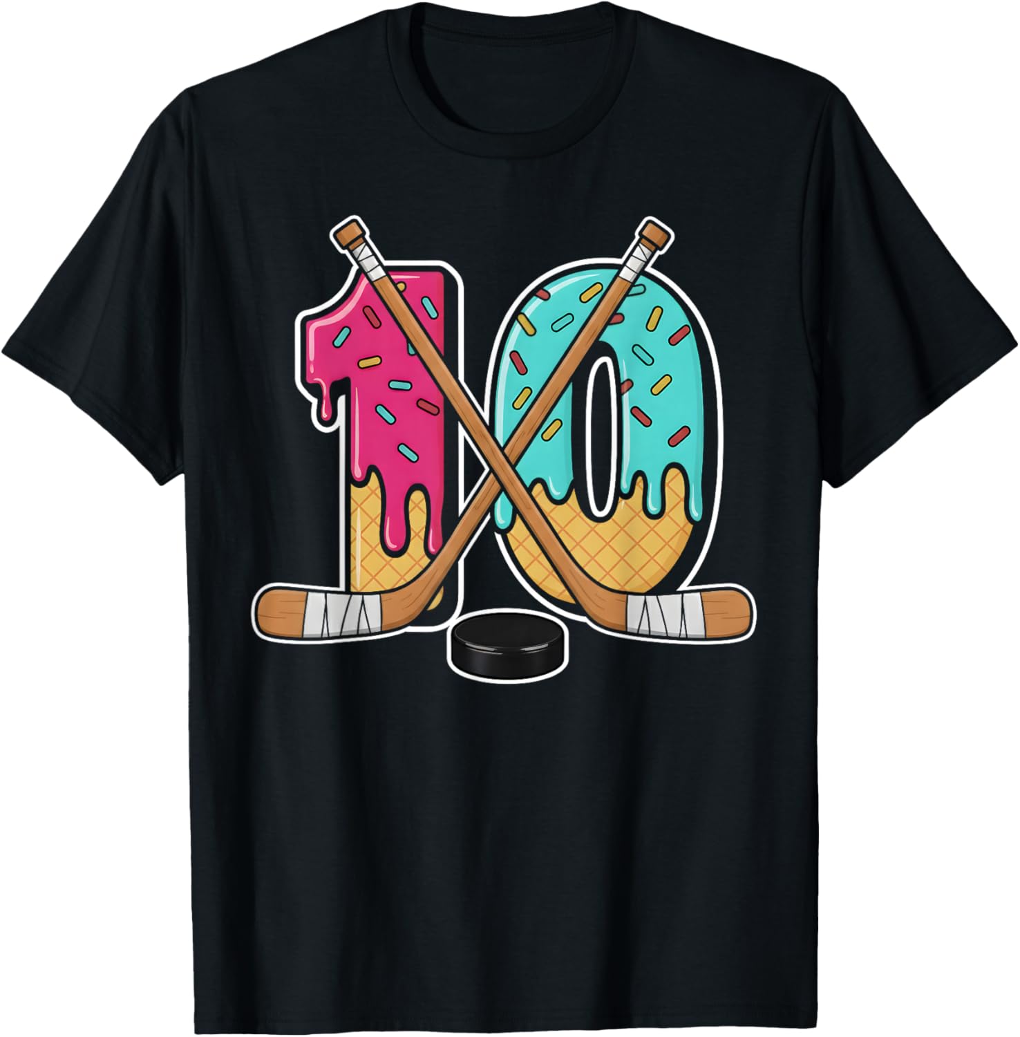 10 Year Old Hockey Ice Cream Drip Youth 10th Birthday Boys T-Shirt - T-Shirt | Black