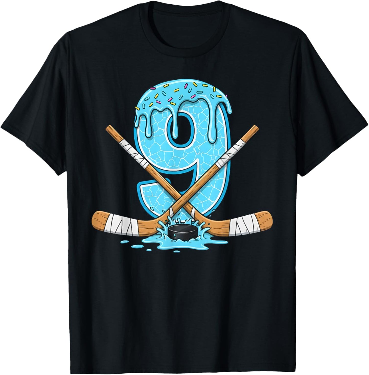 9 Year Old Hockey Ice Cream Drip Youth 9th Birthday Boys T-Shirt - T-Shirt | Black