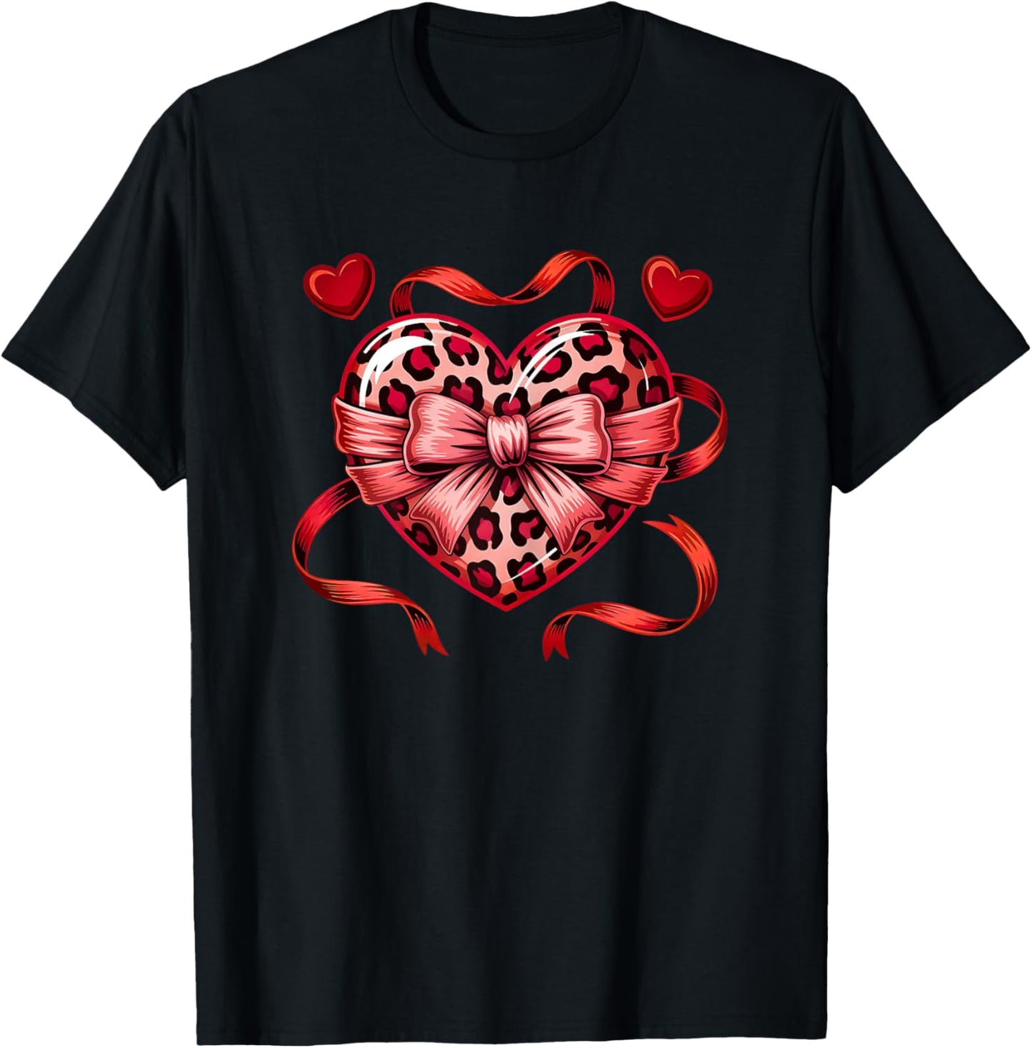 Coquette Bow Leopard Heart Love Valentines Day T-Shirt - T-Shirt | Black