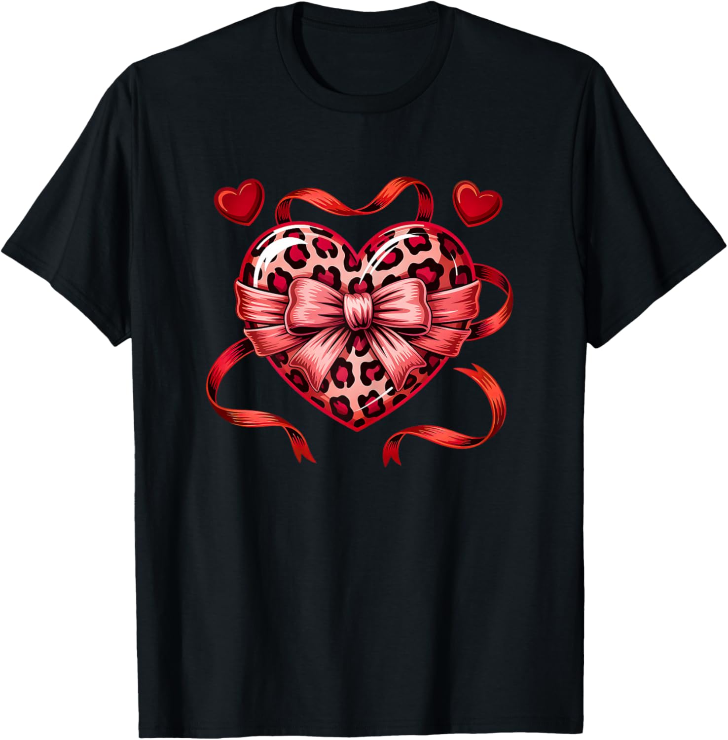 Coquette Bow Leopard Heart Love Valentines Day T-Shirt - T-Shirt | Black