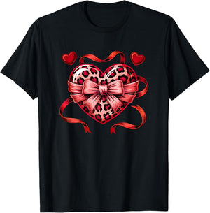 Coquette Bow Leopard Heart Love Valentines Day T-Shirt - T-Shirt | Black