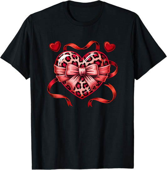 Coquette Bow Leopard Heart Love Valentines Day T-Shirt - T-Shirt | Black