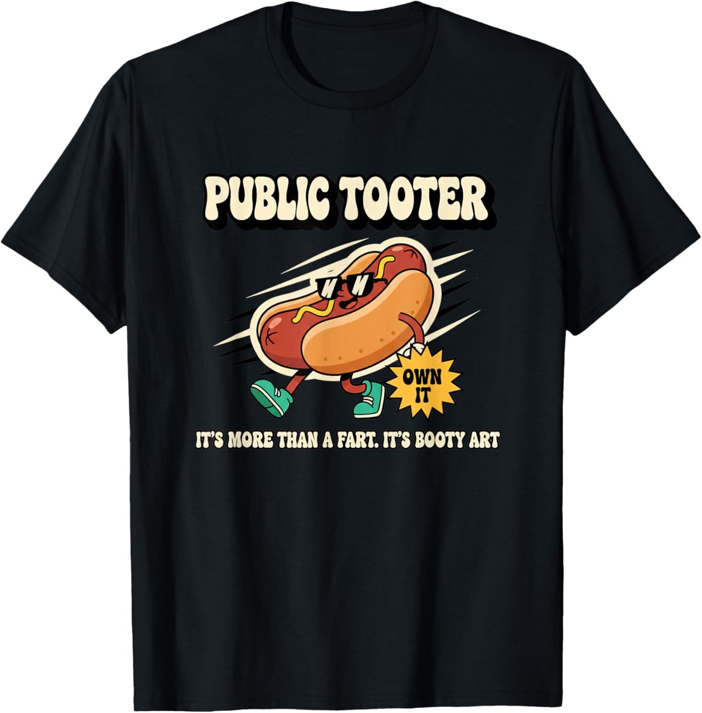 Public Tooter Funny Hot Dog Cartoon Kids Novelty Fart Humor T-Shirt - T-Shirt | Black