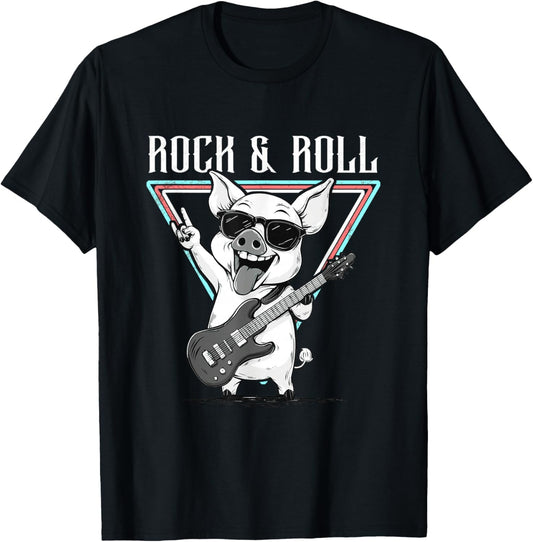 Rock & Roll Pig Playing Guitar T-Shirt - T-Shirt | Black