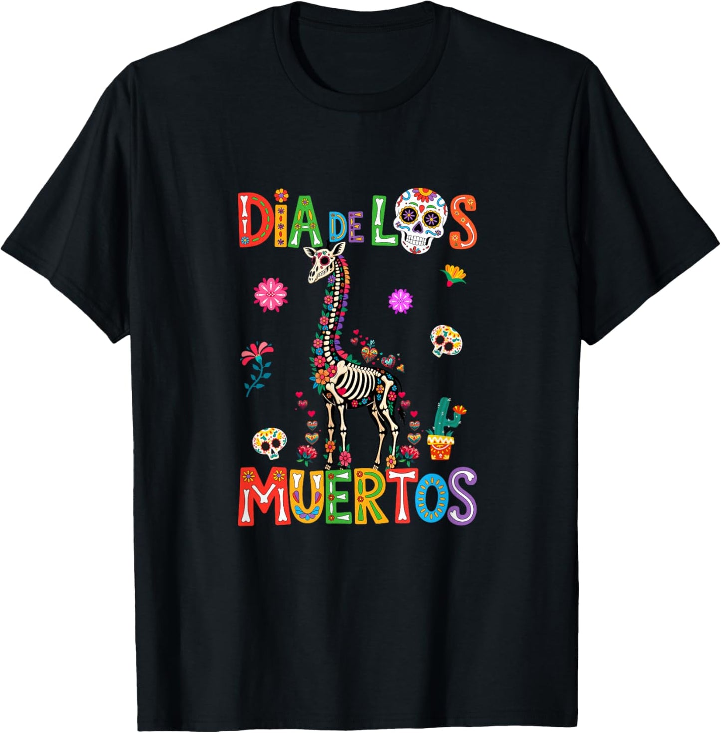 Dia De Los Muertos Mexican Colorful Floral Skeleton Giraffe T-Shirt - T-Shirt | Black