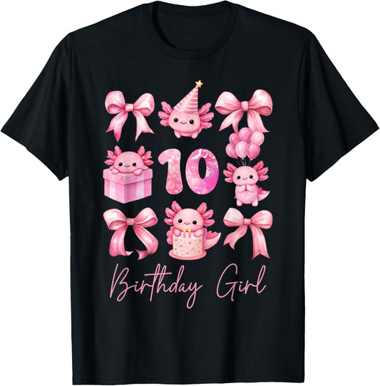 Cute Axolotl 10th Birthday Girl Pink Coquette Bow 10 Yr Old T-Shirt - T-Shirt | Black