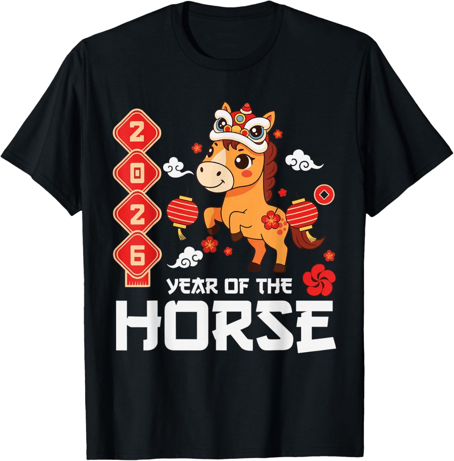 Year of The Horse 2026 Cute Kawaii Chinese New Year Kids T-Shirt - T-Shirt | Black