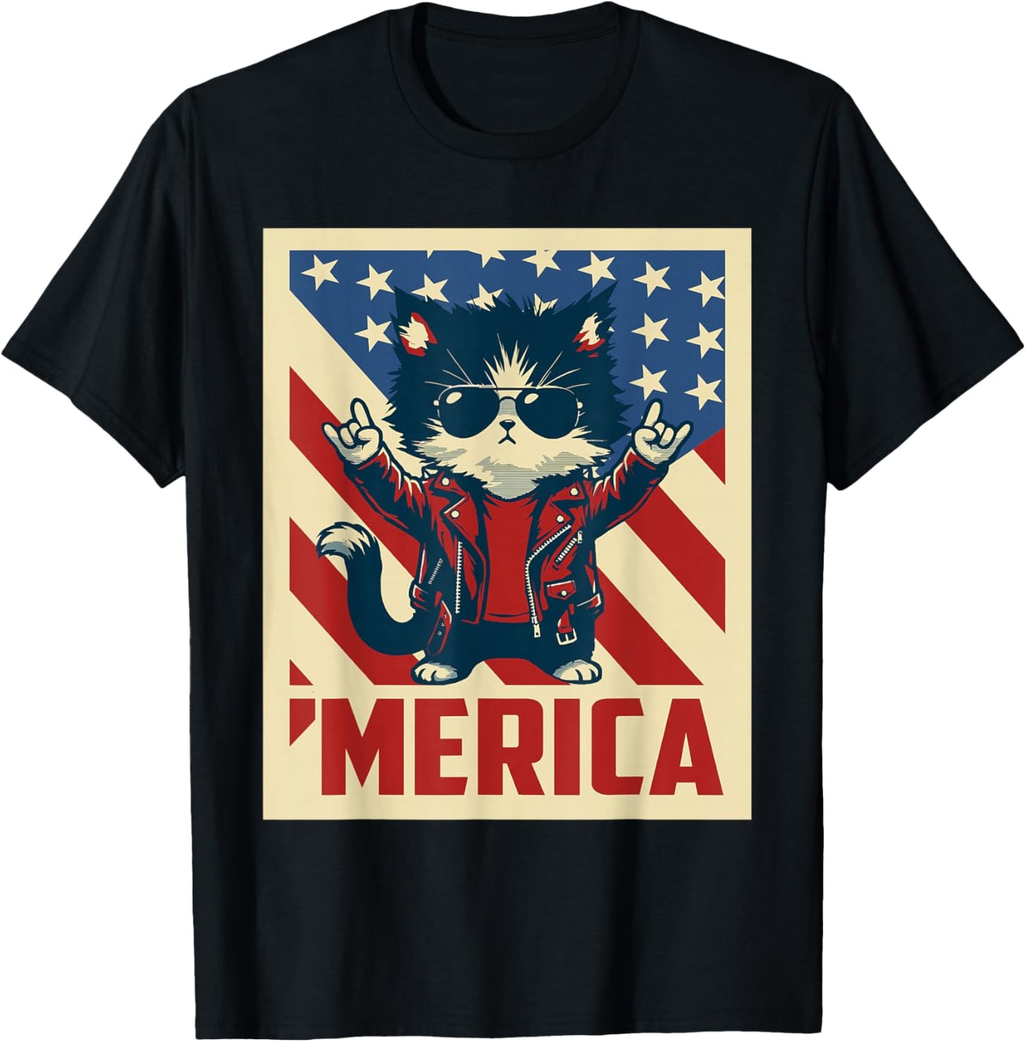 USA Flag Cat 4th of July Men Women Kids Funny Patriotic T-Shirt - T-Shirt | Black