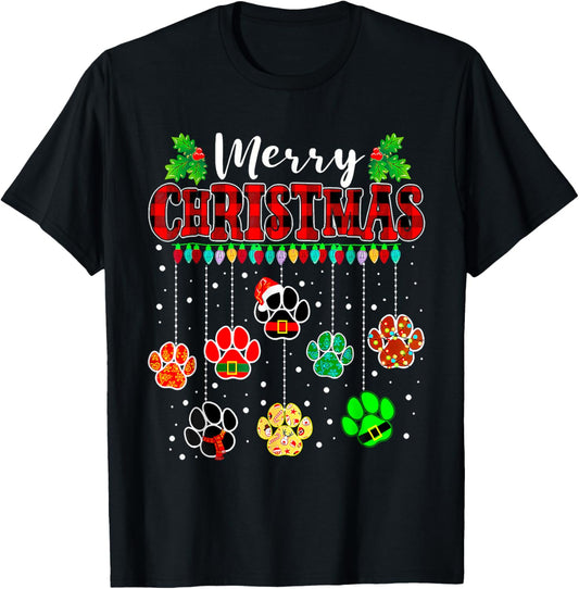 Merry Christmas Lights Dog Paw Red Plaid Funny Dog Love Xmas T-Shirt - T-Shirt | Black
