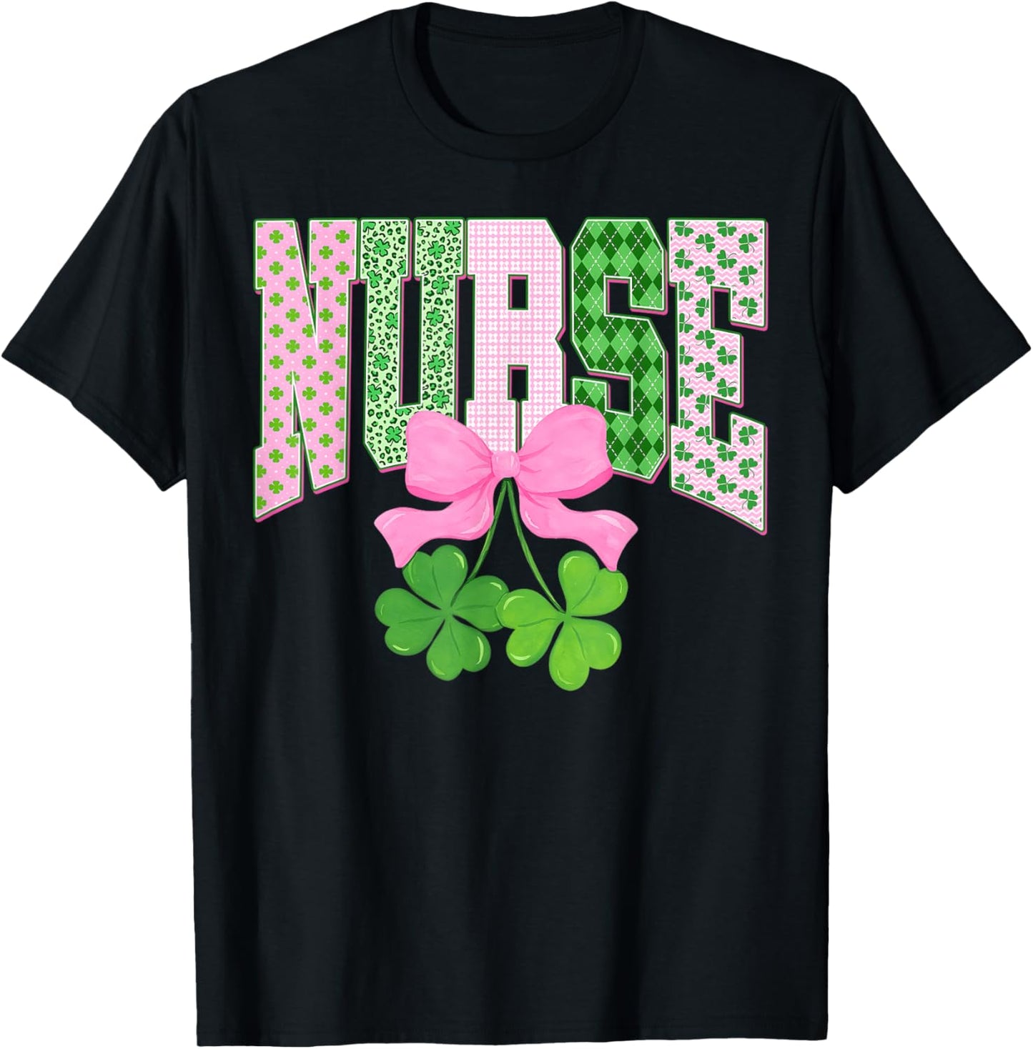Lucky Shamrock St Patrick's Day Nurse Coquette Bow T-Shirt - T-Shirt | Black