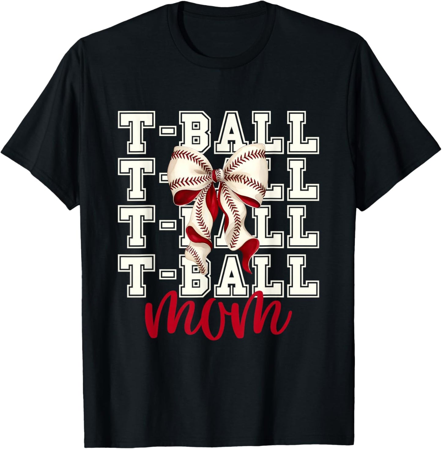 Tball Mom Teeball T-Ball Coquette Baseball Bow T-Shirt - T-Shirt | Black