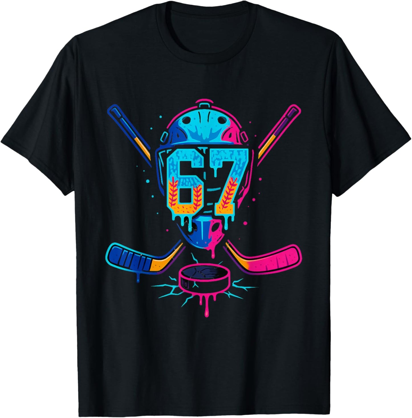 Hockey Ice Cream Drip Number 67 Player 67th Birthday T-Shirt - T-Shirt | Black