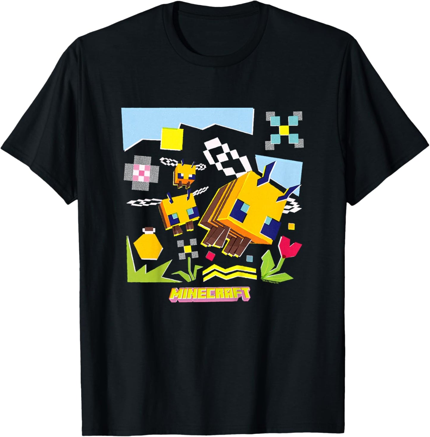 Minecraft Logo Flowers and Bees Flying in The Sky T-Shirt - T-Shirt | Black