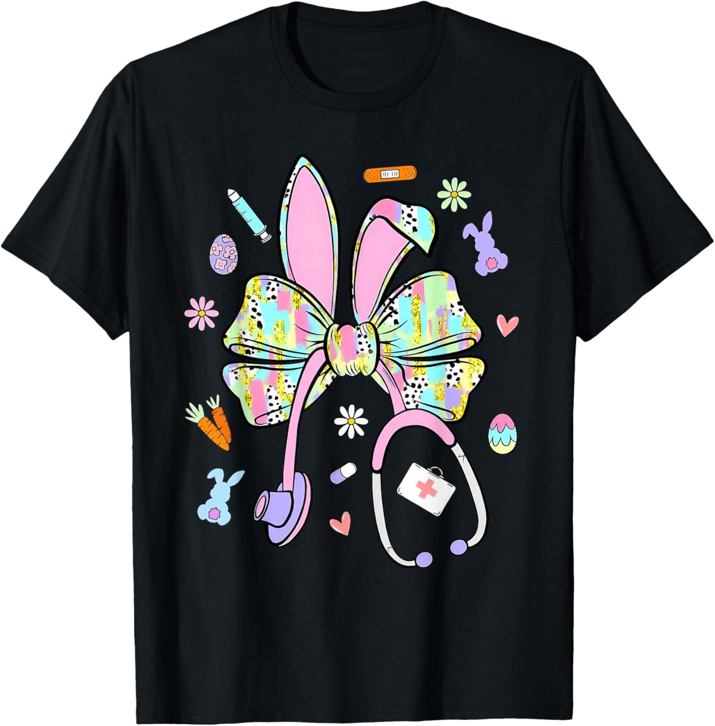 Nurse Stethoscope Funny Bunny Rabbit Easter Coquette Bow T-Shirt - T-Shirt | Black