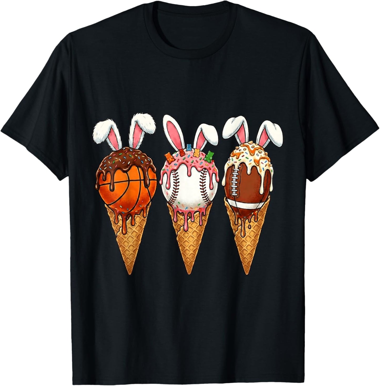 Ice Cream Dripping Basketball Baseball Football Bunny Easter T-Shirt - T-Shirt | Black