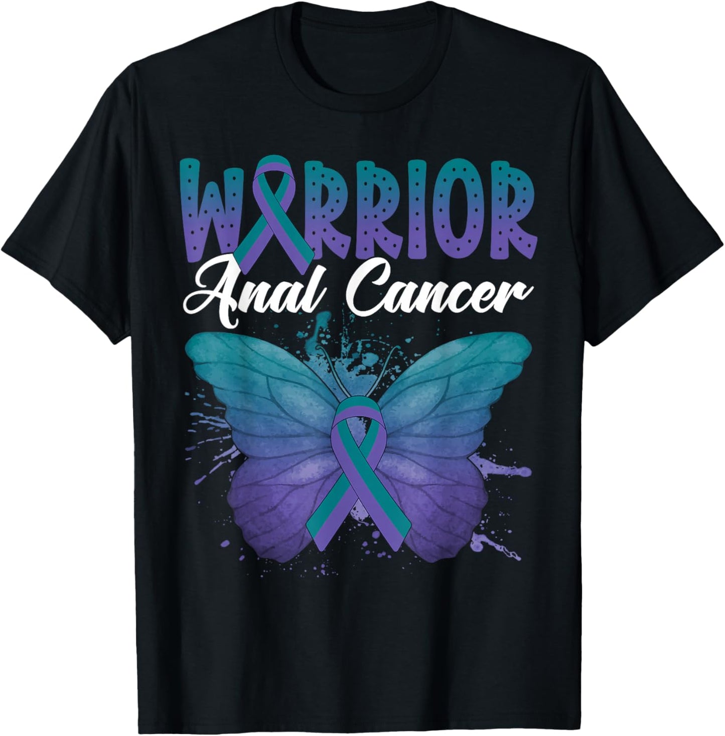 Anal Cancer Awareness Warrior Purple Green Ribbon Butterfly T-Shirt - T-Shirt | Black