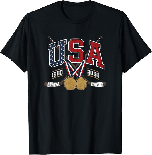 1980 and 2026 Hockey Vintage USA Crossed Sticks Patriotic T-Shirt - T-Shirt | Black