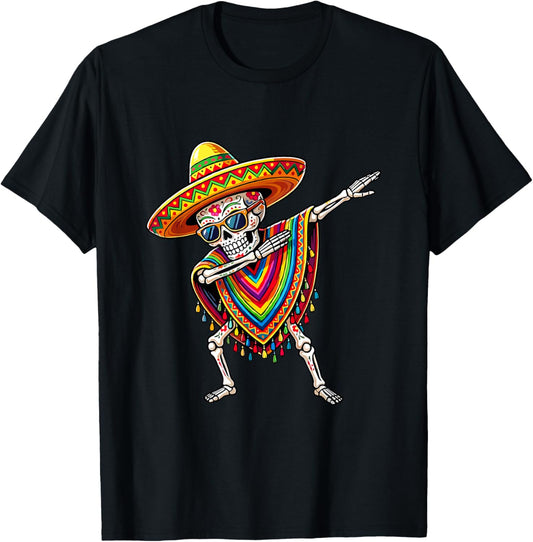 Funny Dabbing Mexican Skeleton Poncho Cinco De Mayo T-Shirt - T-Shirt | Black