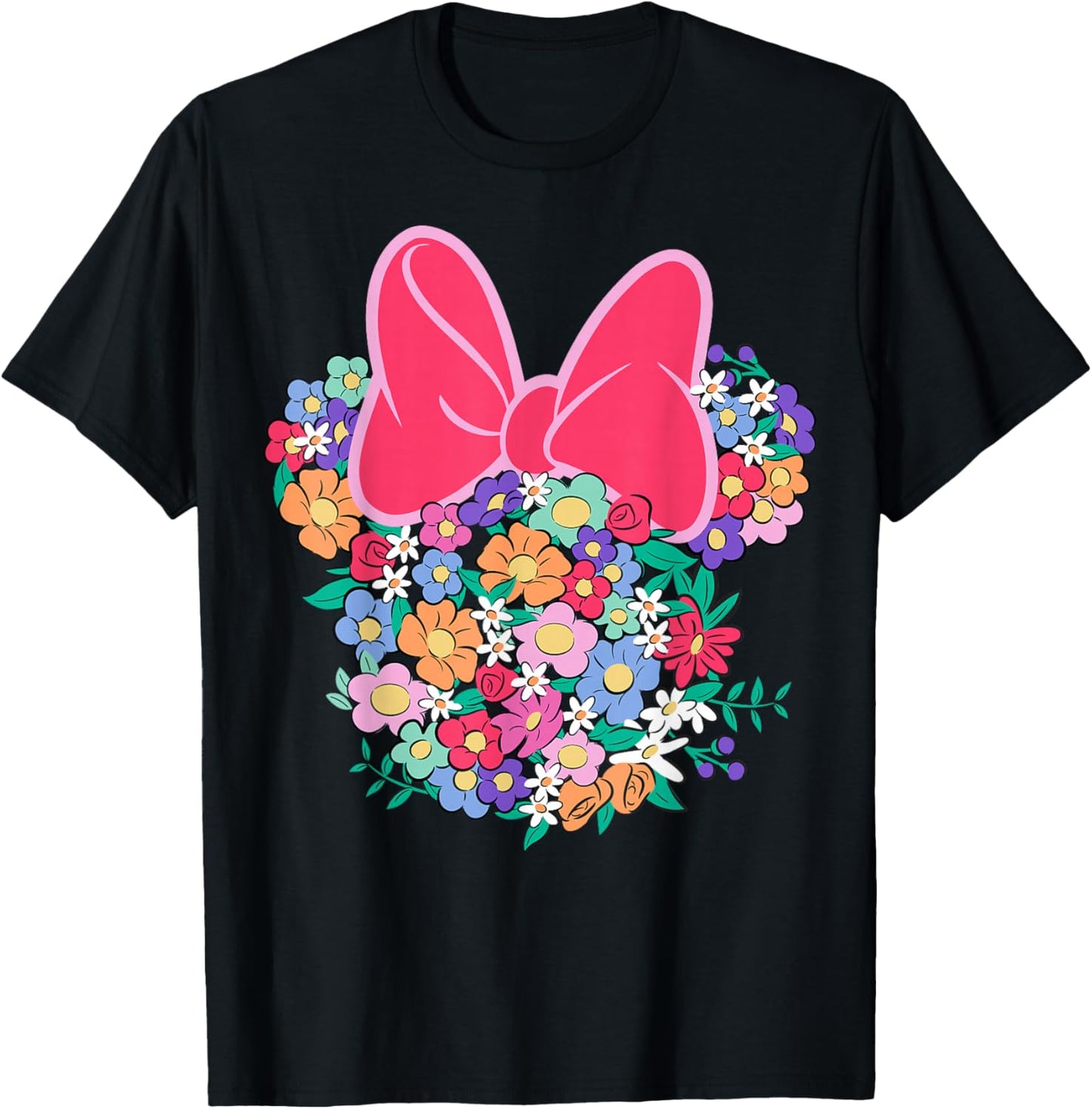 Disney Minnie Mouse Ears and Bow Made with Colorful Flowers T-Shirt - T-Shirt | Black