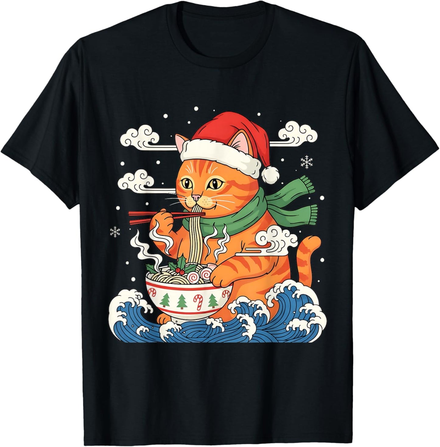 Funny Christmas Ramen Cat Eating Noodles Japanese Kawaii Cat T-Shirt - T-Shirt | Black