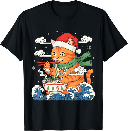 Funny Christmas Ramen Cat Eating Noodles Japanese Kawaii Cat T-Shirt - T-Shirt | Black
