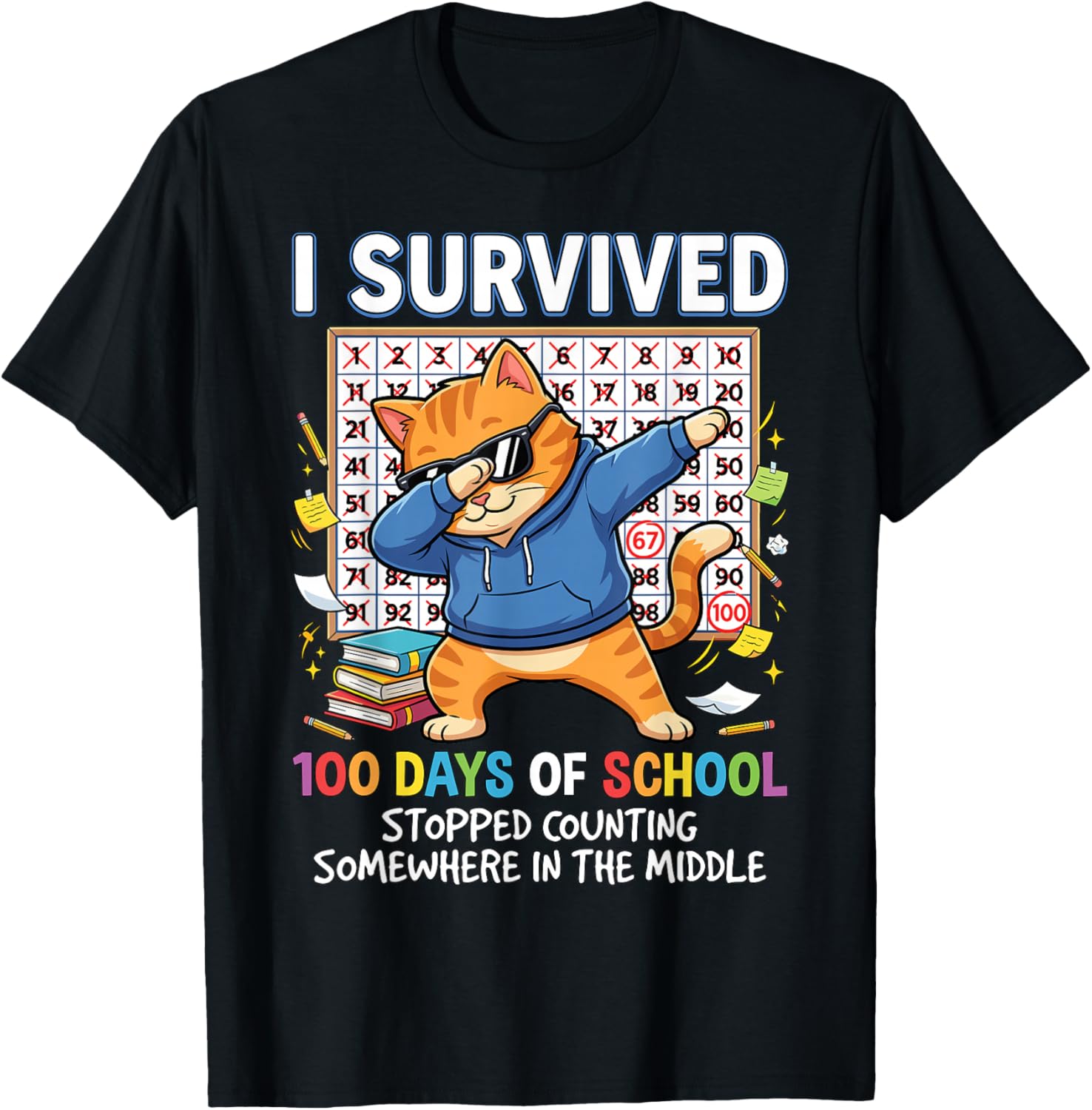 I Survived 100 Days of School Funny Dabbing Cat Student Cool T-Shirt - T-Shirt | Black