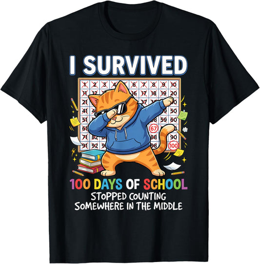 I Survived 100 Days of School Funny Dabbing Cat Student Cool T-Shirt - T-Shirt | Black