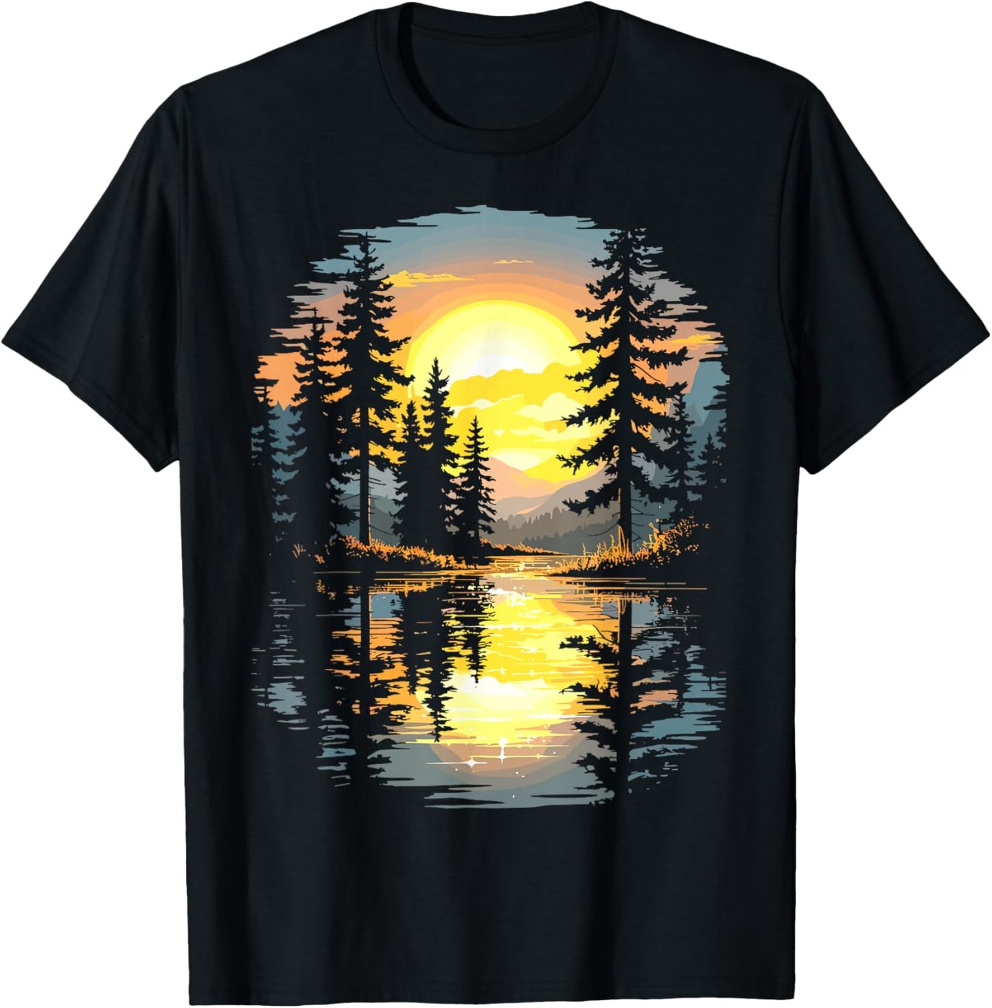 Nature Trees Reflection Sunset Forest Outdoor Wildlife T-Shirt - T-Shirt | Black