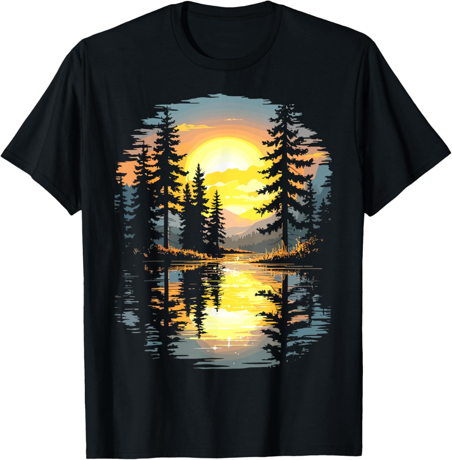 Nature Trees Reflection Sunset Forest Outdoor Wildlife T-Shirt - T-Shirt | Black