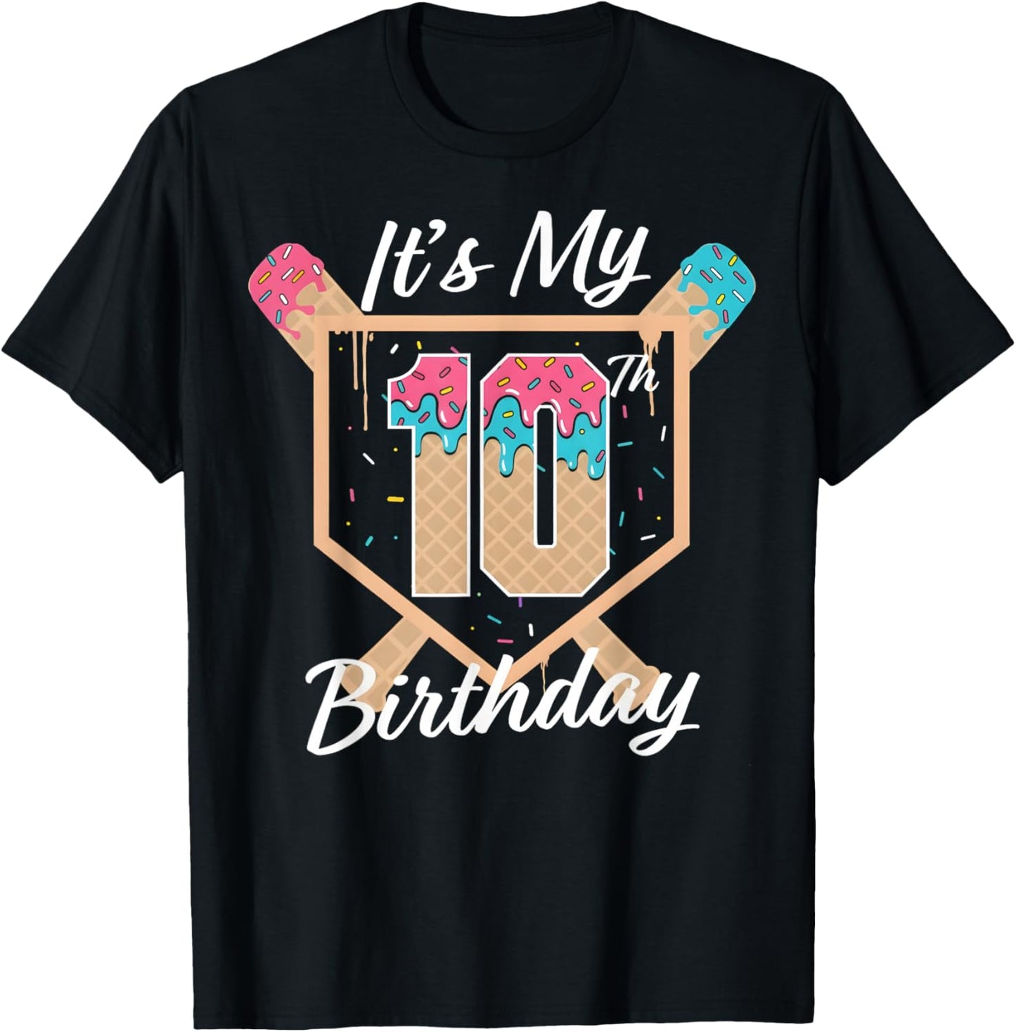 Baseball 10 Year Old Ice Cream Drip 10th Birthday T-Shirt - T-Shirt | Black