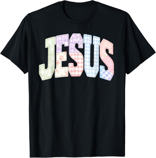 Amen Jesus Patchwork Christian Quote Faith Bible Verse Retro T-Shirt - T-Shirt | Black