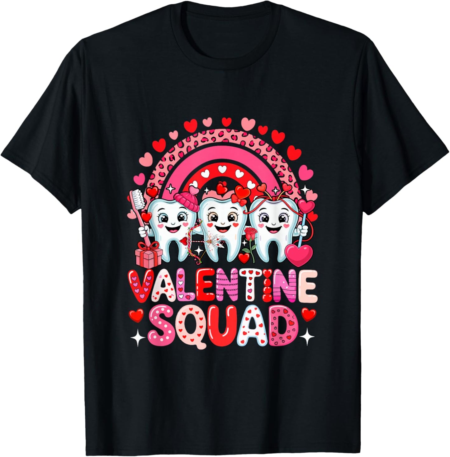 Valentine Squad Three Cute Teeth Dentist Rainbow Hearts T-Shirt - T-Shirt | Black