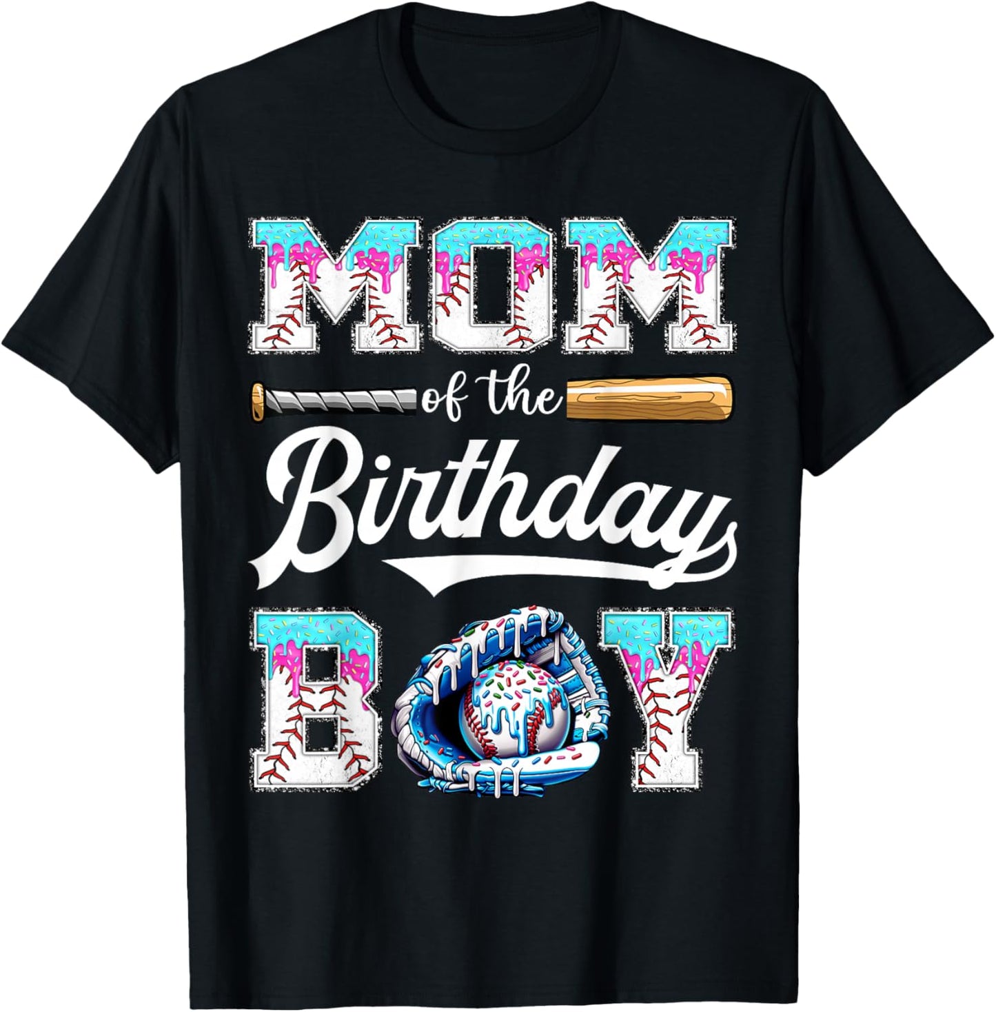 Mom of The Birthday Boy Baseball Ice Cream Drip Matching T-Shirt - T-Shirt | Black