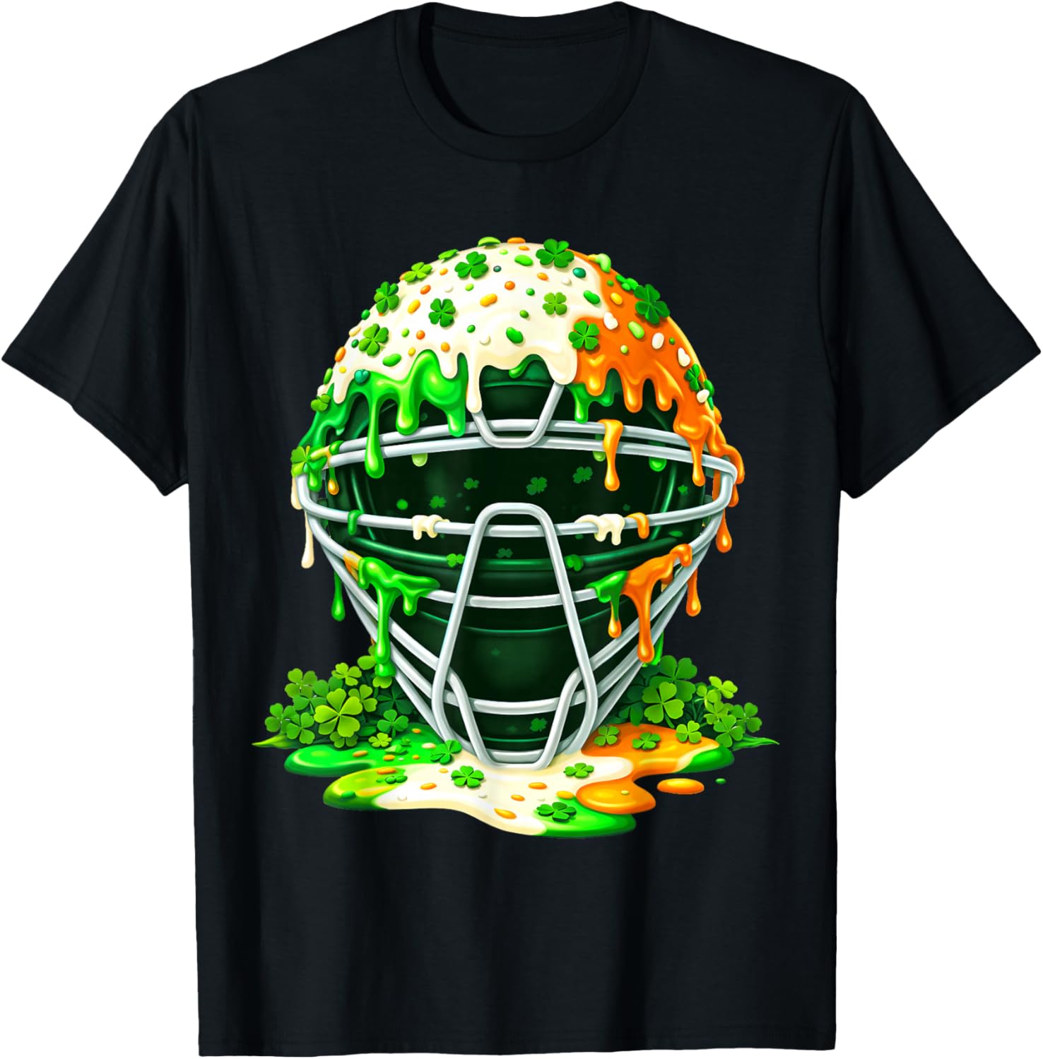 St Patricks Day Baseball Catcher Mask Drip Ice Cream Clover T-Shirt - T-Shirt | Black