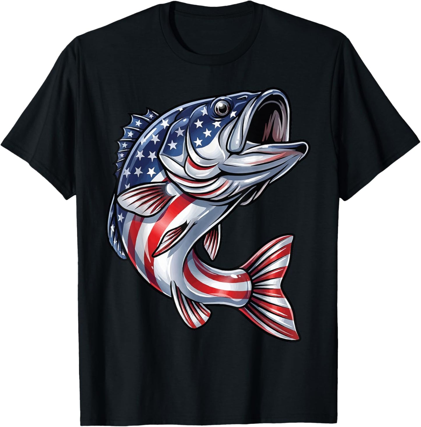 Bass Fish USA Flag Fishing 4th of July Patriot T-Shirt - T-Shirt | Black