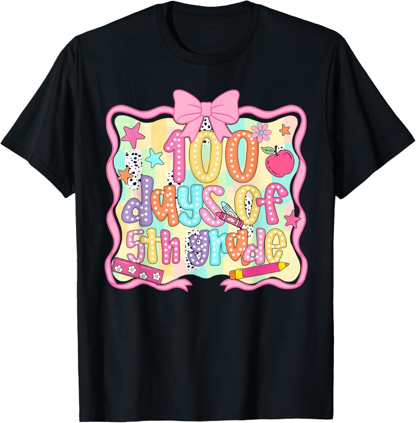Preppy 100 Days of 5th Grade Teacher Kids Coquette Bow T-Shirt - T-Shirt | Black