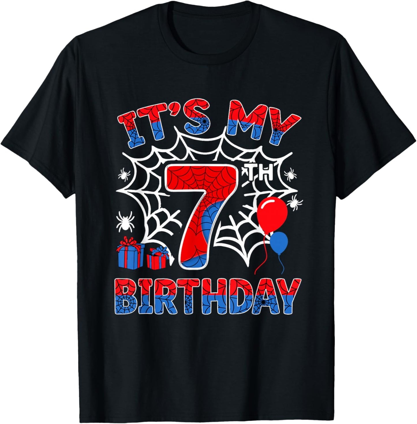 Its My 7th Birthday Boy 7 Year Old Spider Web Birthday Party T-Shirt - T-Shirt | Black