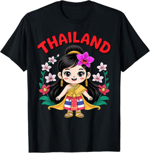 Cute Thailand Girl Traditional Dress with Orchids for Kids T-Shirt - T-Shirt | Black