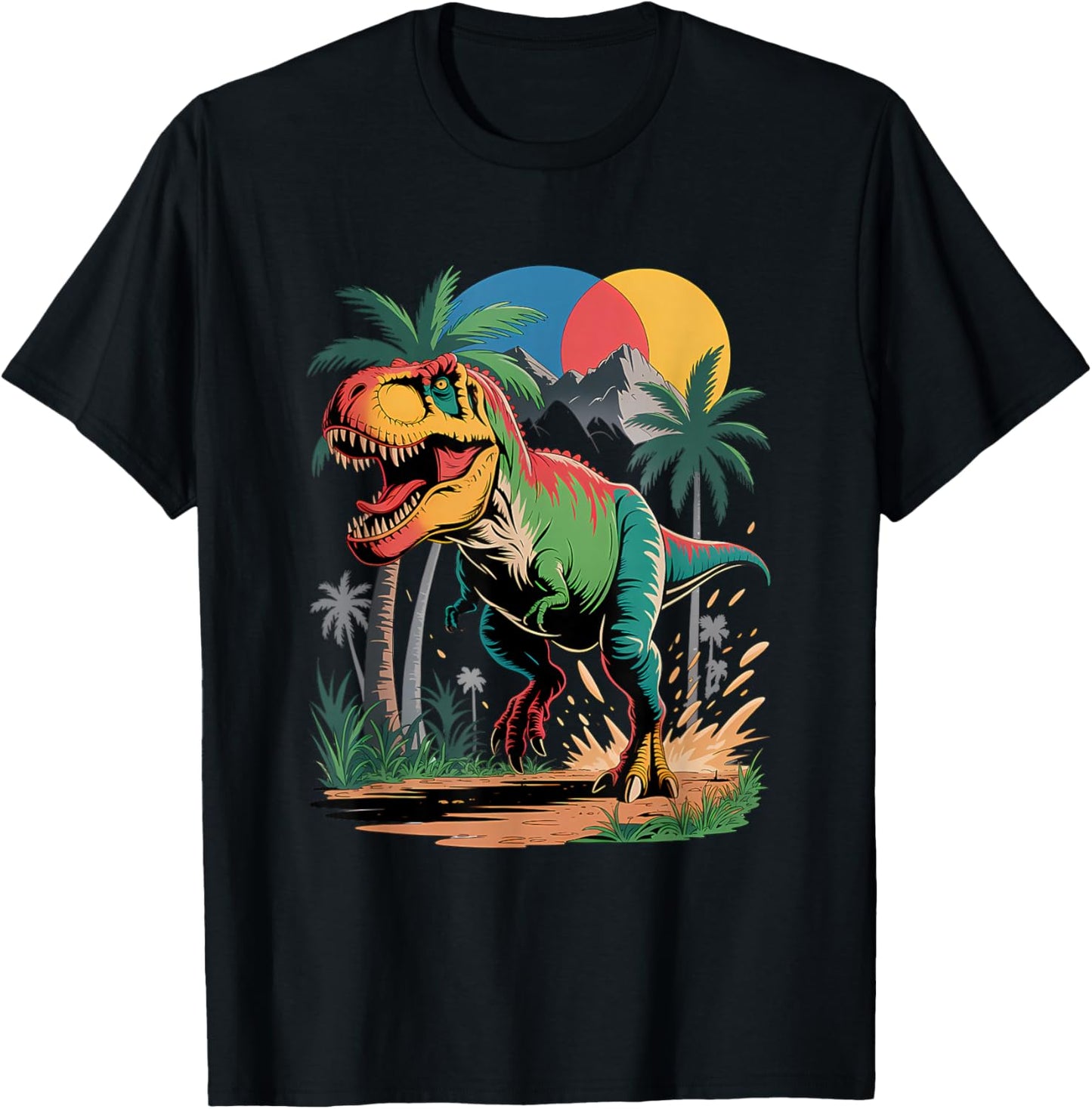 Retro Tropical T-Rex Paradise Design T-Shirt - T-Shirt | Black