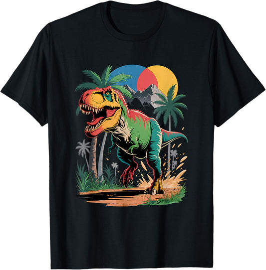 Retro Tropical T-Rex Paradise Design T-Shirt - T-Shirt | Black