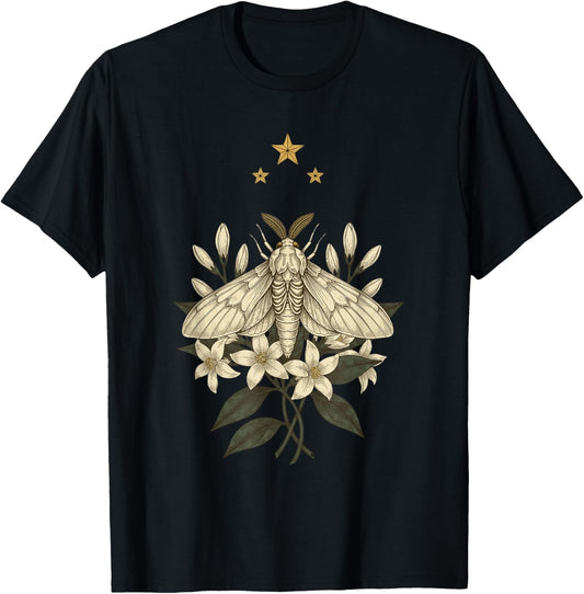 Moth Luna Cottagecore Vintage Grunge Floral Therian T-Shirt - T-Shirt | Black