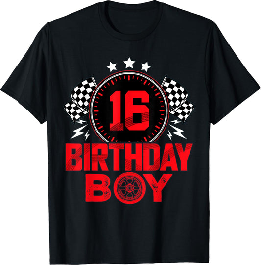 Race Car 16th Birthday Boy Party Racing 16 Year Old Pit Crew T-Shirt - T-Shirt | Black