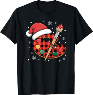 Buffalo Plaid Artist Palette with Santa Hat Holiday Painting T-Shirt - T-Shirt | Black