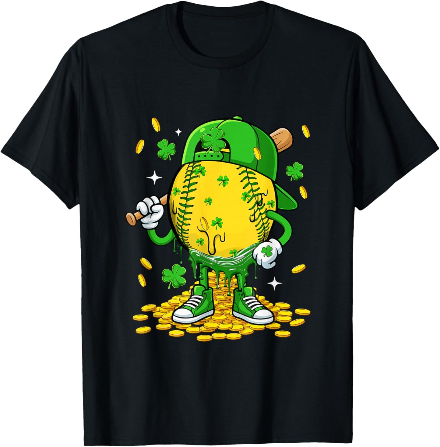 Softball Ball St. Patrick's Day Player Funny Costume Dripped T-Shirt - T-Shirt | Black