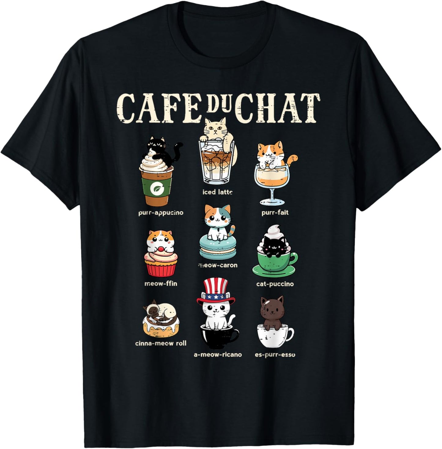 Cat Coffee Cafe Du Chat Funny Kitten Women Girls Kids Men T-Shirt - T-Shirt | Black