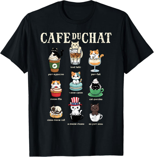 Cat Coffee Cafe Du Chat Funny Kitten Women Girls Kids Men T-Shirt - T-Shirt | Black